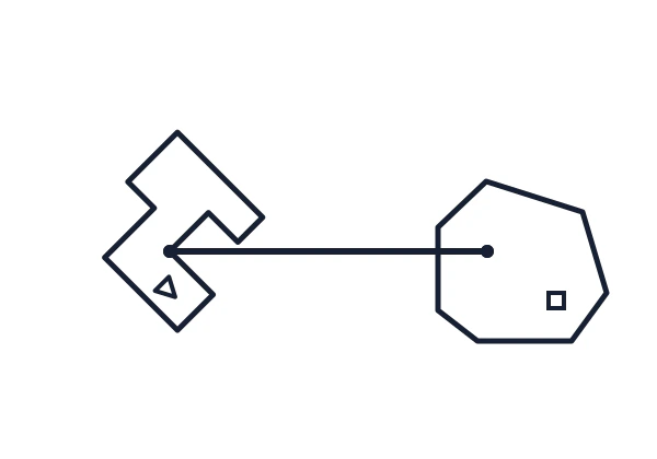 A horizontal connector joins a left stepped figure and a right shield figure whose square landmark is below the line.