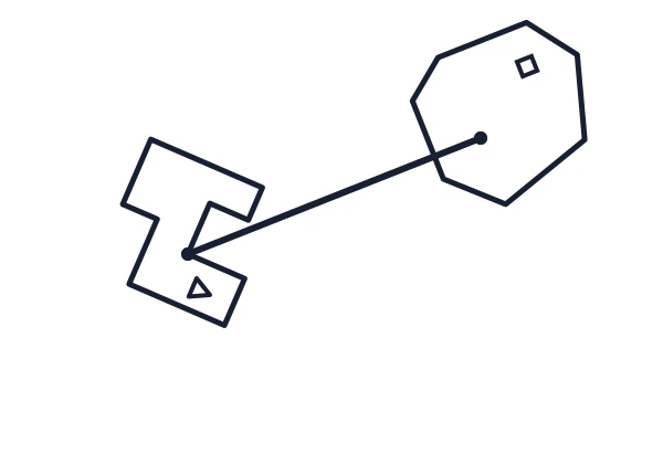 A diagonal connector joins a lower-left stepped figure and an upper-right shield figure whose square landmark is above the line.