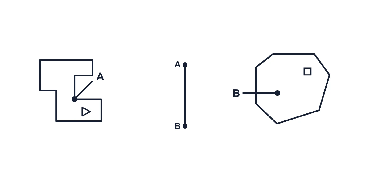 Two separate asymmetric outline figures with marked points A and B, plus a separate sample segment showing A connected to B.
