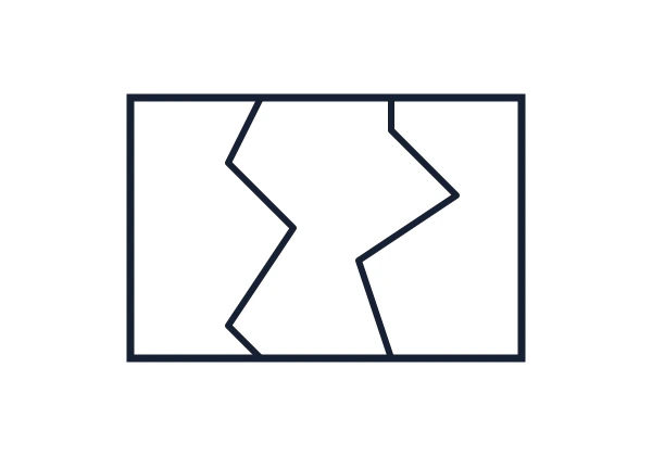 A rectangle divided into three irregular regions by two angular top-to-bottom seams.
