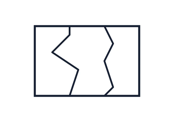 A rectangle divided into three irregular regions; the left seam has a deep upper notch and the right seam has a shallow middle bend.