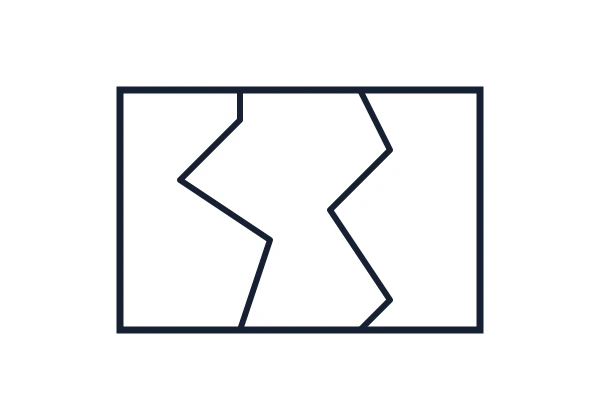 A rectangle divided into three irregular regions; both seams have alternating angular bends around the center.
