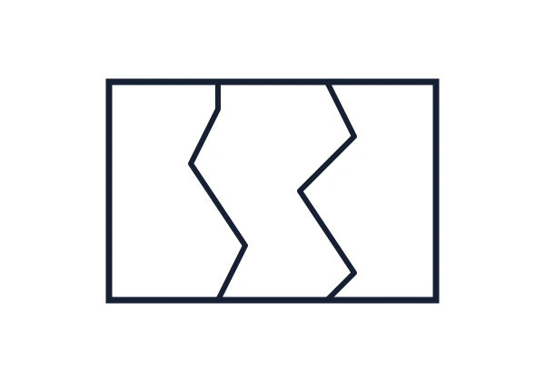 A rectangle divided into three irregular regions; the left seam has a shallow upper bend and the right seam has a deep middle bend.